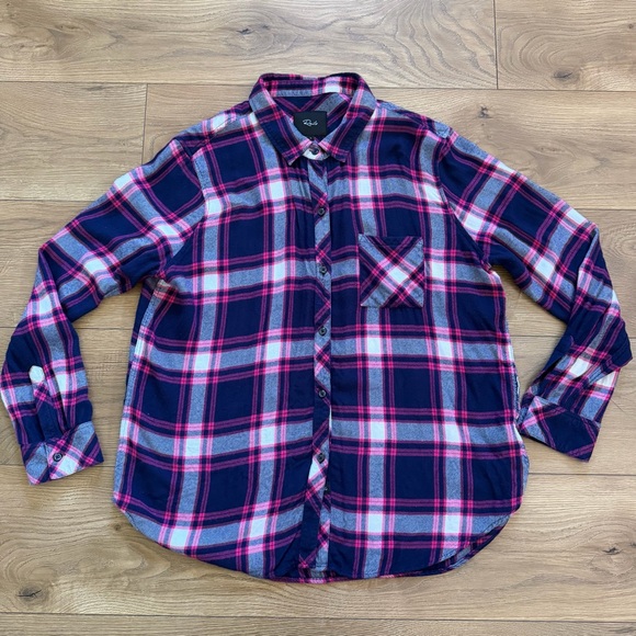 Rails Hunter Plaid Flannel Button Down Shirt Women’s Large Navy Pink Rayon
